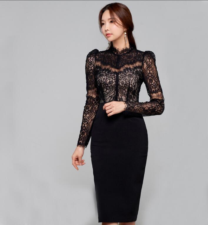 Women's Chic Mock Neck Lace Stitching Long Sleeves Hip Package Pencil Dress | eBay Women's Chic Mock Neck Lace Stitching Long Sleeves Hip Package Pencil Dress | eBay