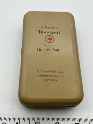1940s Johnson s Travel Kit Pocket First Aid   Vintage Band Aid Tin Ford Chevy