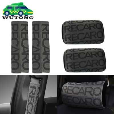 2PCS Recaro Gray Fabric Headrest Pillow Seat Belt Cover Set Racing Seat Material