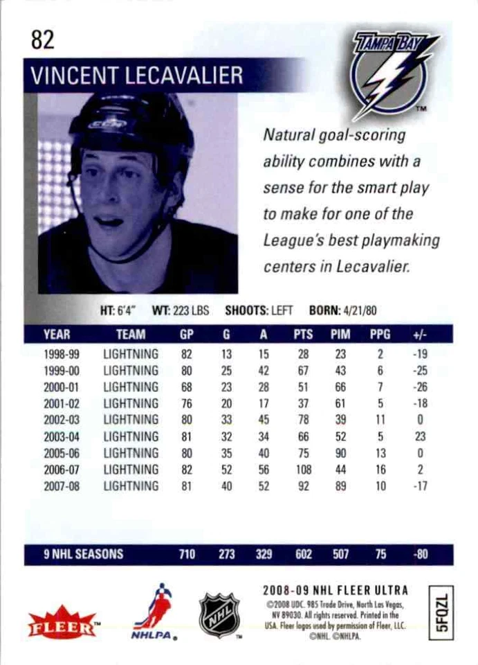 2008-09 Fleer Ultra Vincent Lecavalier #82 - Image 2 of 2