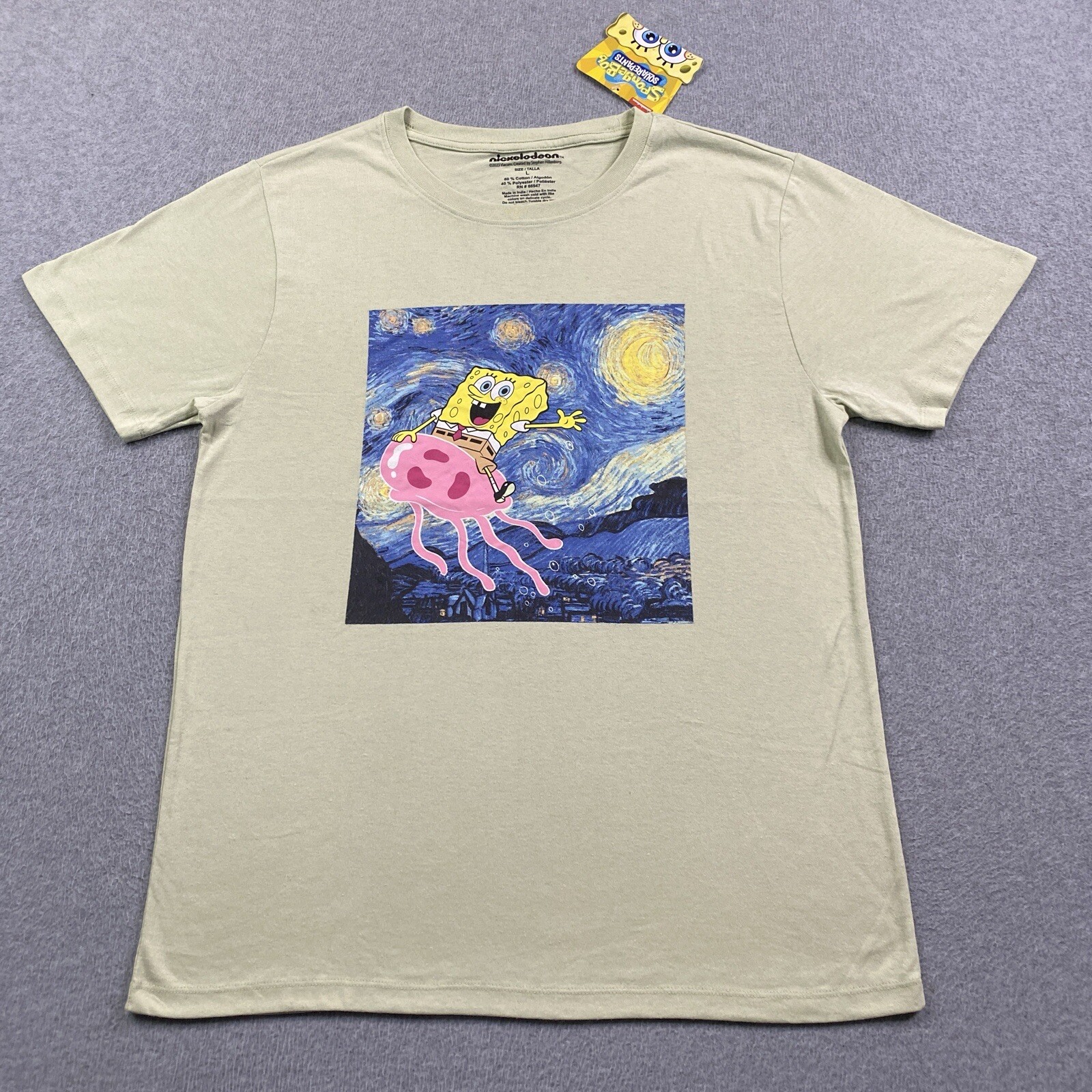 NEW Spongebob Van Gogh Shirt Mens Large Graphic Tee Nickelodeon 2023 Mint Green
