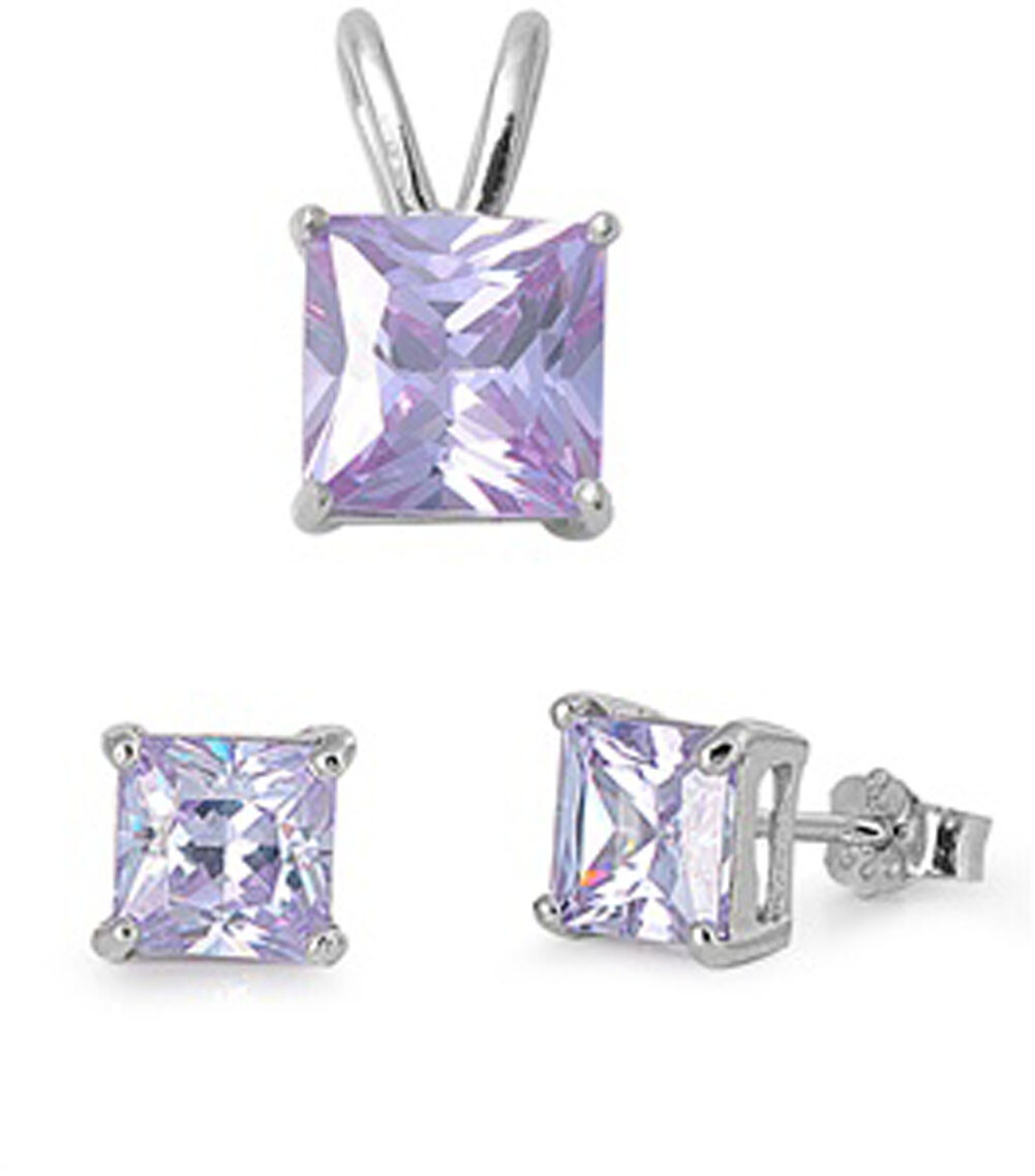 Elegant Solitaire Princess Cut Simulated Lavender Sterling Silver Earring & Pendant Set