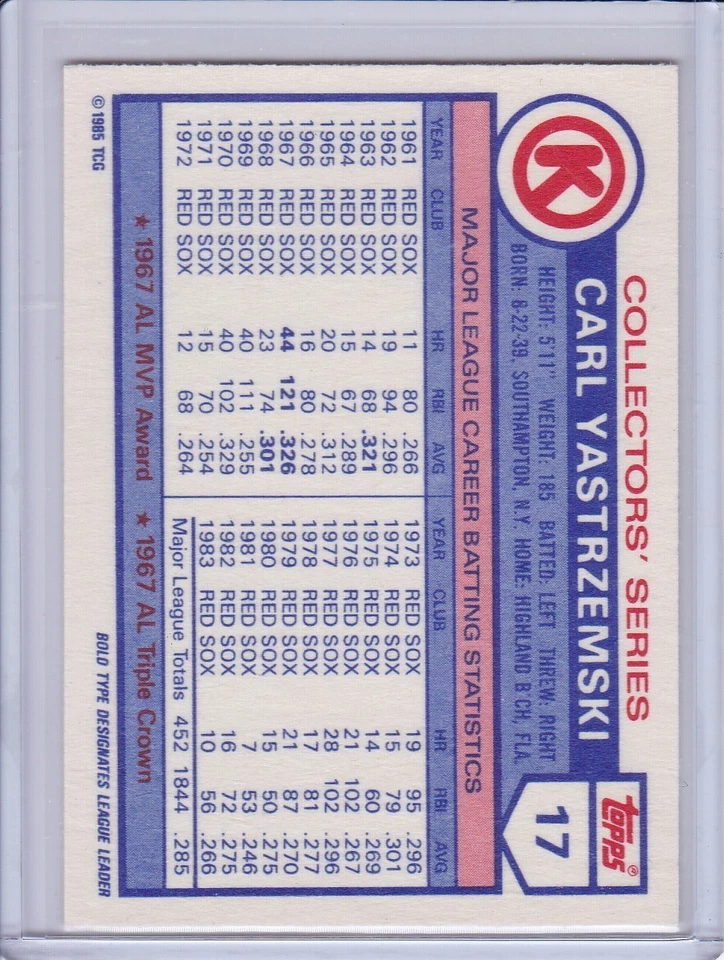 Carl Yastrzemski 1985 Topps Circle K Baseball Card 17 Grade NMMT - Image 2 of 2