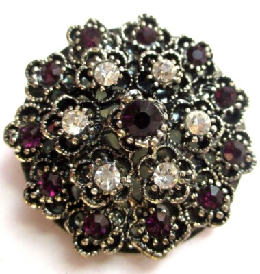 Broche Vintage Argentée Avec Améthyste Et Cristaux - Modèle 3052 - Parfait état - Bijou Occasion