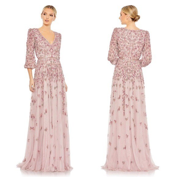 Mac Duggal 5497 Embellished V-Neck 3/4 Sleeve A-Line Gown