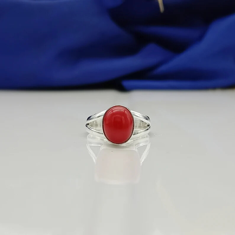 Fine Red Coral Gemstone 925 Sterling Silver Handmade Ring All Size