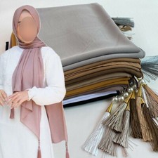 Women Chiffon Scarf Hijab Tassel with Beads Shawls Wraps Solid Headscarf Muslim