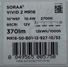 Soraa MR16 LED Lampada di Ricambio VIVID 2 10,5W 12 Volt 51mm 10o M249 EXT 95CRi A