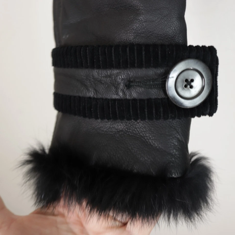 Chaqueta de cuero negra Juicy Couture para niñas ribete de piel negra mediana doble pecho Foto 4 de 4