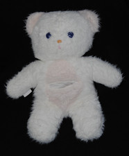 🐻Peluche doudou ours BOULGOM blanc rose yeux bleu durs poche 33 cm vintage TTBE