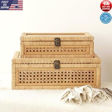 Rattan Cane Stacking Boxes Glass Top Set 2 Rustic Storage Organizer Bohemian