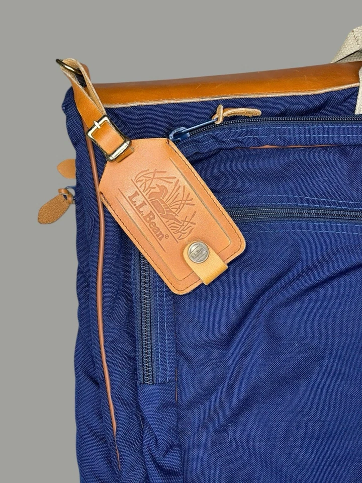 Vtg 80s LL Bean Cotton Canvas Leather Trim Garment Bag Navy Blue Luggage Tag EUC - Image 2 of 4