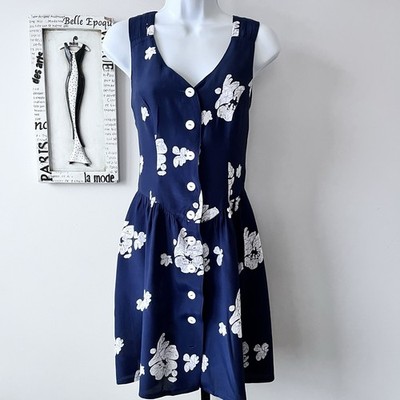 Vintage 90s Boysen s Navy Blue Floral Button-Down Festival Mini Dress Sz S