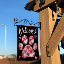 Welcome Valentine's Day Garden Flag Pink Heart Paw Print Black Yard Banner