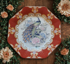 Vintage Tozan Japan Octagonal Porcelain Decorative Plate with Peacock Design