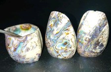 Stunning Vintage Retro Abalone Salt, Pepper & Mustard Pot with Spoon Set.