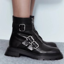 ZARA Leather Combat Moto Biker Ankle Boots ack Zip Buckles Black $149 Size 41 10