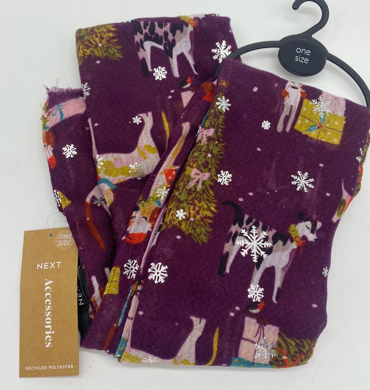 Sciarpa nuova con etichette Next Christmas nuova Natale argento accessori cane animale viola regalo foto 2
