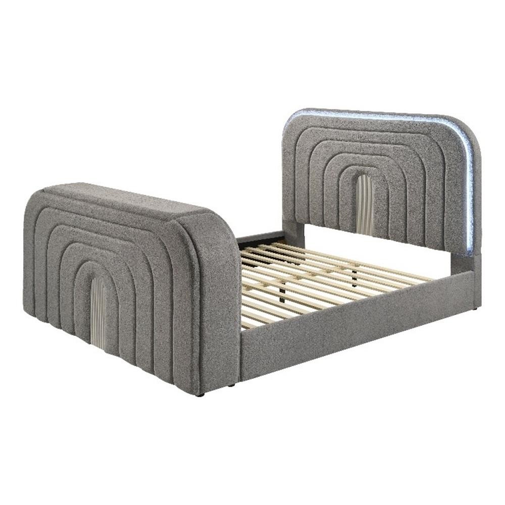 ACME Shelyn Queen Bed w/Fireplace in Gray Teddy Sherpa & Chr