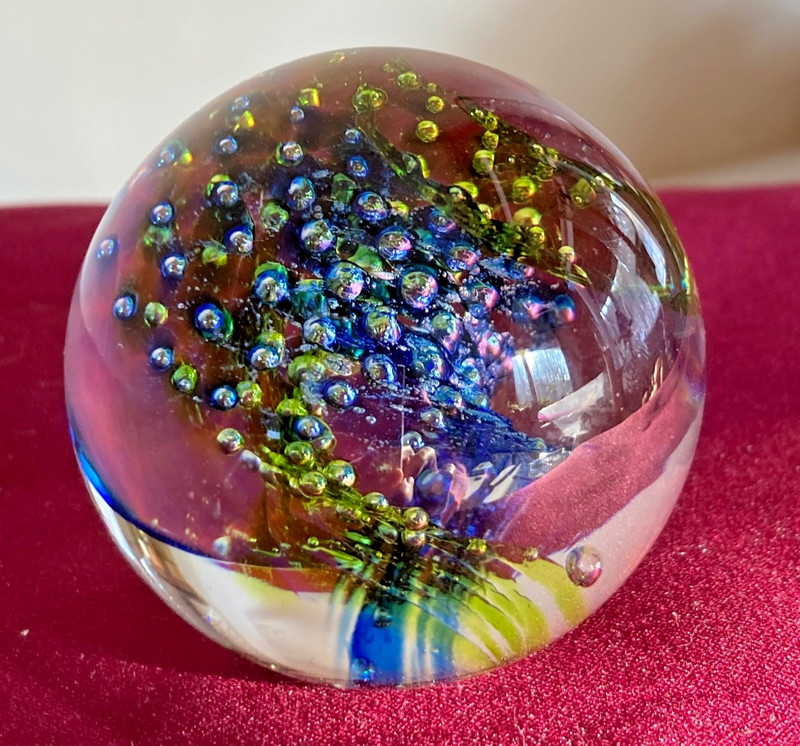 Art Glass Paperweight Globe Small 2-1/2" Diameter Crystal Ball Blue Green, Clear