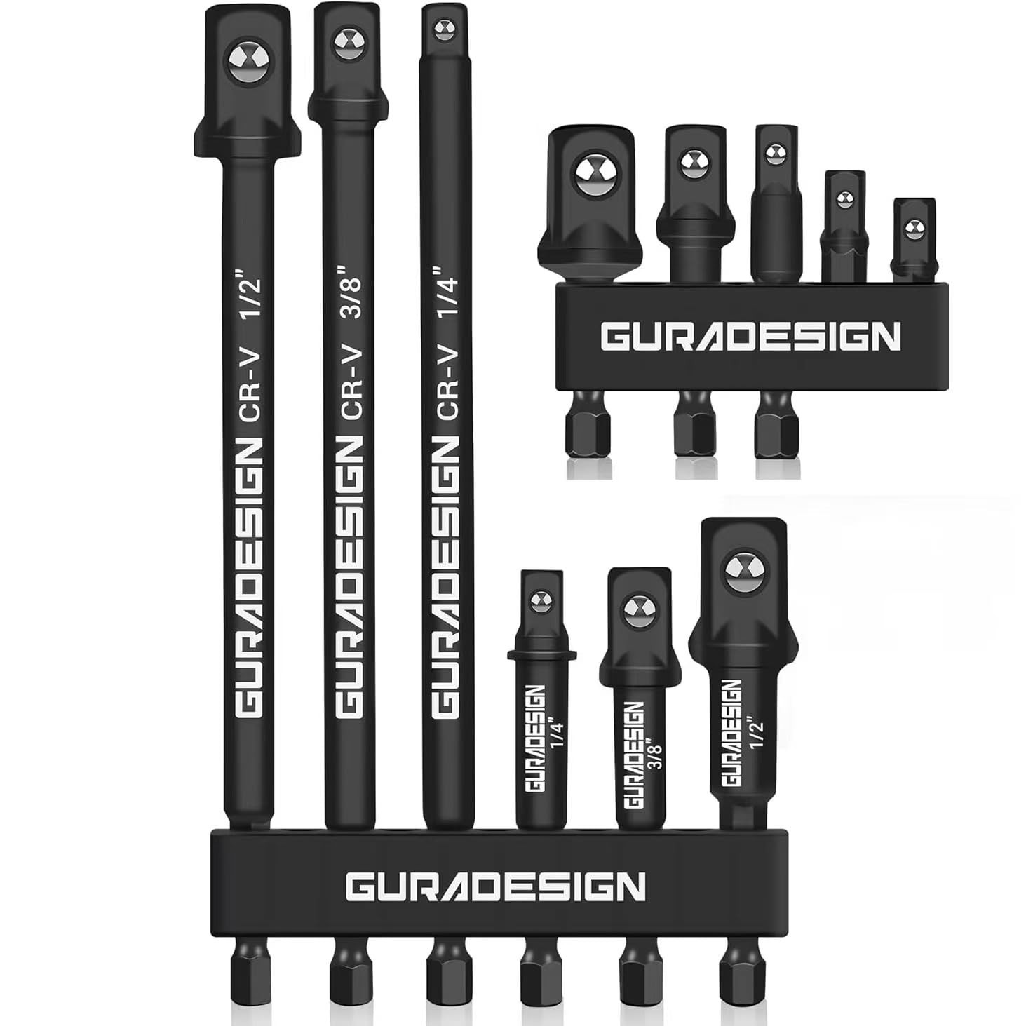 11-Piece Impact Socket Adapter Set - 3/6 Inch Hex Shank, One Size, Black