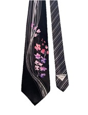 Vitaliano Satin Black, Pink And Lilac Flowers  White Ribbons Silk Men  s Necktie