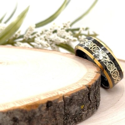 8mm Gold & Black Tungsten Ring Celtic Knot Inlay Christmas Gift Band For Her