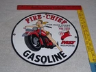 VINTAGE TEXACO FIRE CHIEF GASOLINE WOMAN & MOTORCYCLE 11 3/4" PORCELAIN OIL SIGN