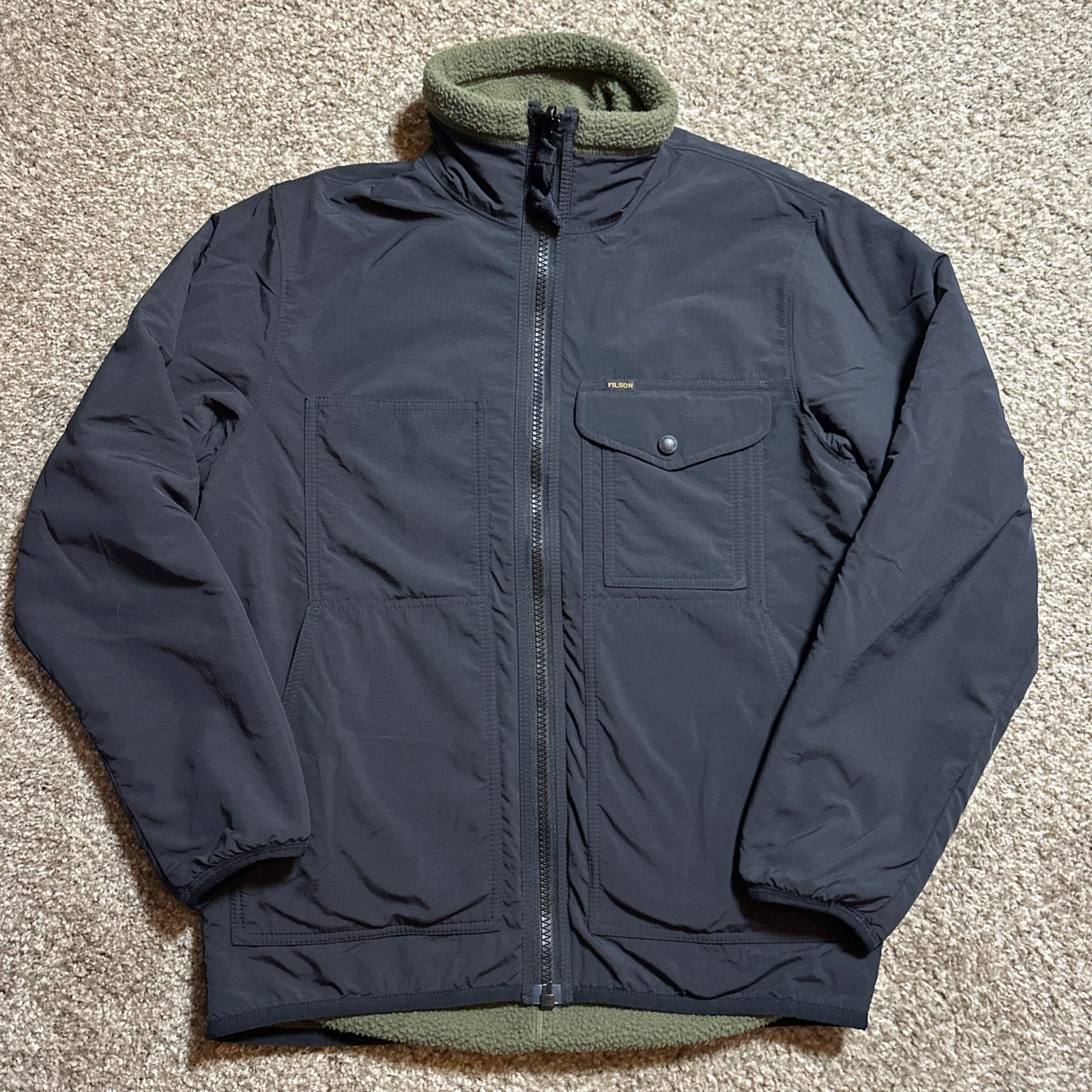 FILSON REVERSIBLE PILE FLEECE JACKET DARK OLIVE DRAB MEN XS BLACK GREEN runs big