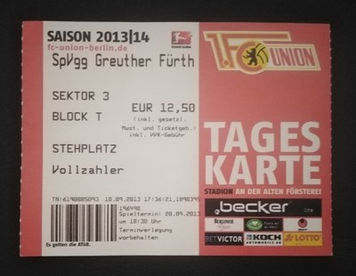 TICKET 2. Bundesliga 2013/14 Union Berlin - Greuther Fürth # 093