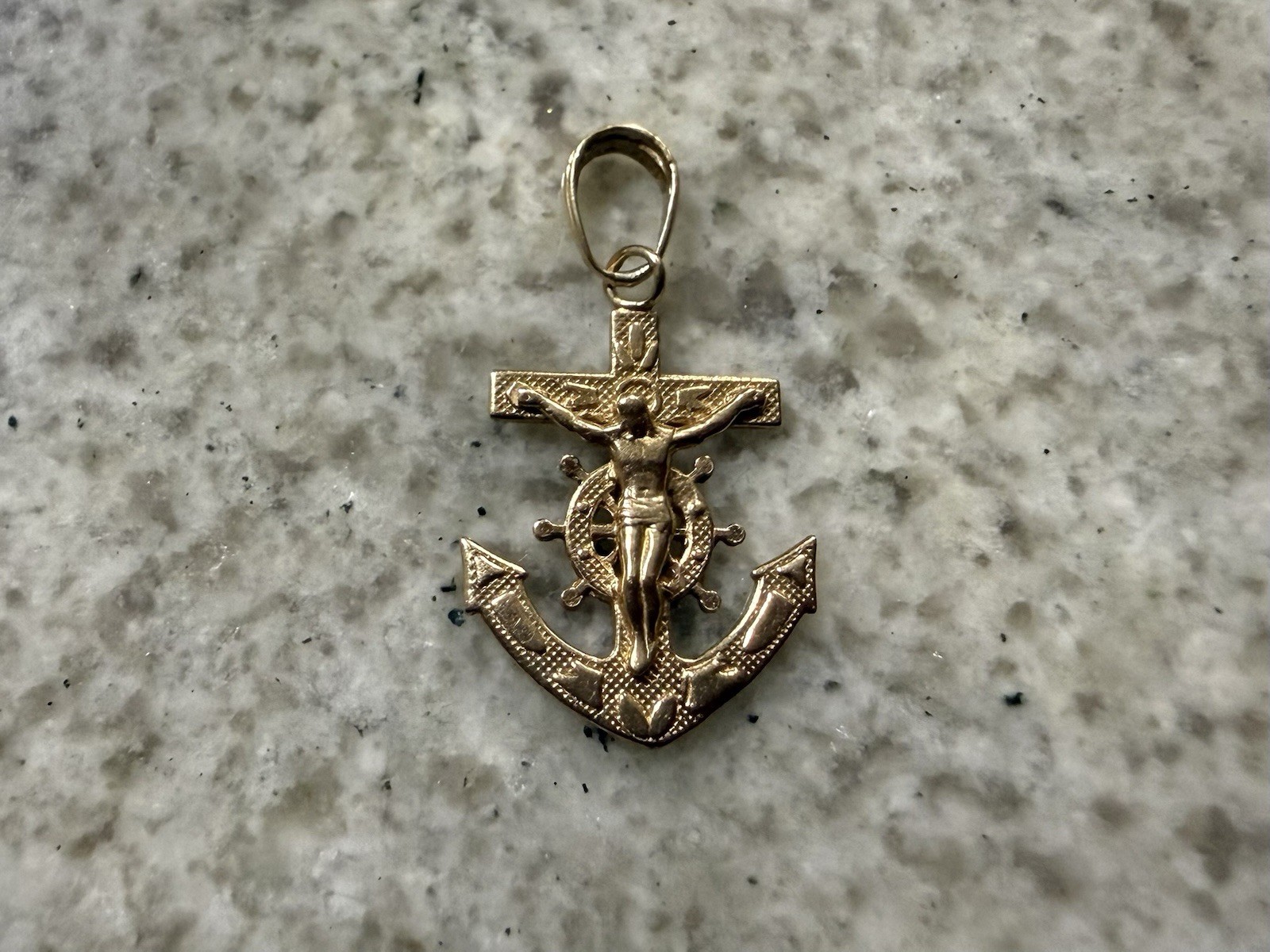 14K Solid Yellow Gold Peru Mariner Anchor Cross Crucifix Jesus Pendant Charm