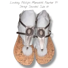 Lindsay Phillips Meredith Pewter T-Strap Sandal with Interchangeable Snap Sz 10