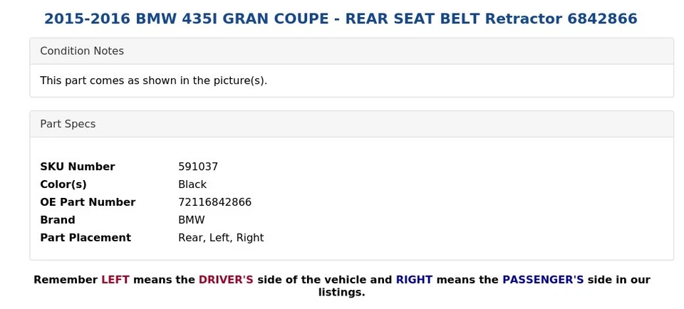 BMW 435I 2015-2016 gran cupé - cinturón de seguridad trasero retractor 6842866 Foto 3 de 4