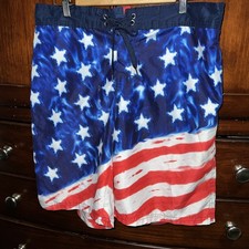 Spirit  Of America  Flag Swim Shorts Red Navy White Stars  4th of July Men’s L