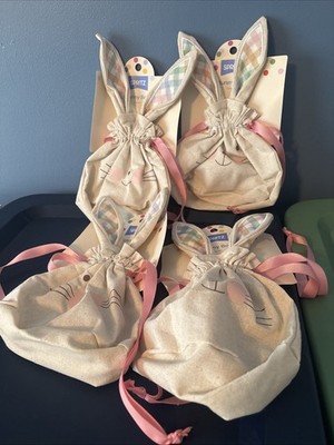4 New Spritz Fabric Bunny Treat Bags Easter Spring Drawstring W/ Tails Plaid Ear