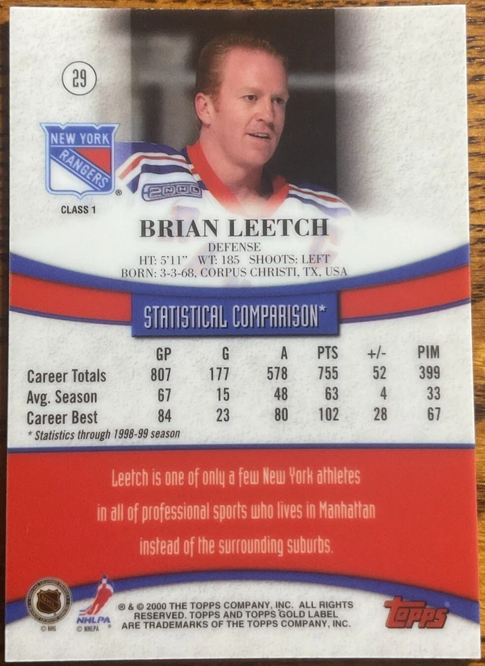 1999-00 Topps Gold Label Class 1 Brian Leetch #29 New York Rangers - Image 2 of 2