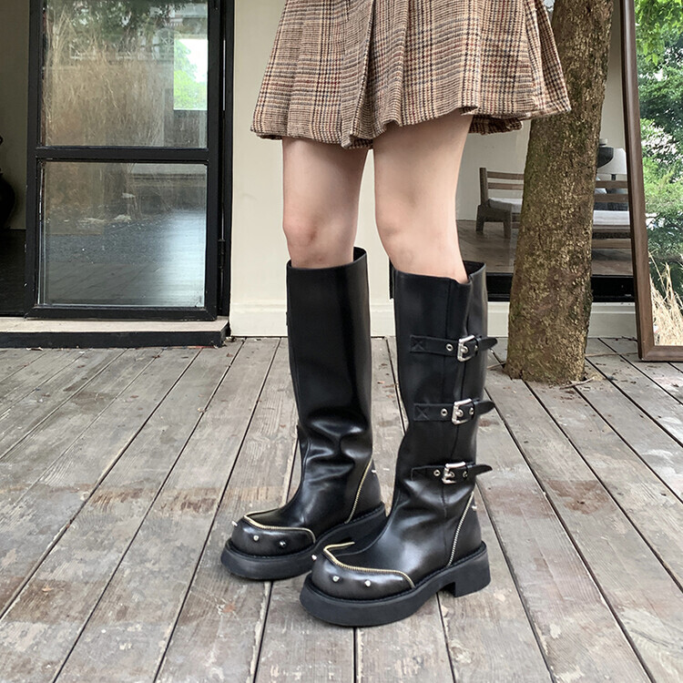 Women's Faux Leather Round Toe Buckle Strap Studded Knight Boots by SUNS