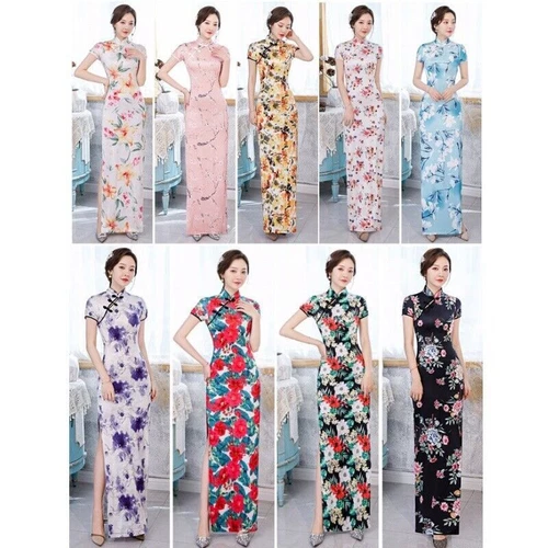 OFF WHITE Costume abito lungo floreale cinese retrò Cheongsam ballo Qipao festa matrimonio