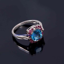 Natural Blue topaz  Ruby Gemstones with 925 Sterling Silver Ring for women J5