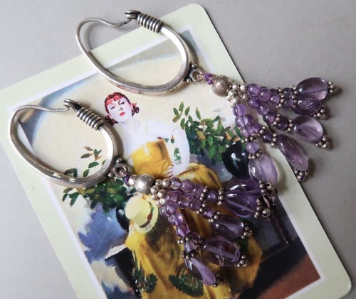 Vintage 7.5cm Long Sterling Silver Amethyst Dangle Earrings - Picture 3 of 6