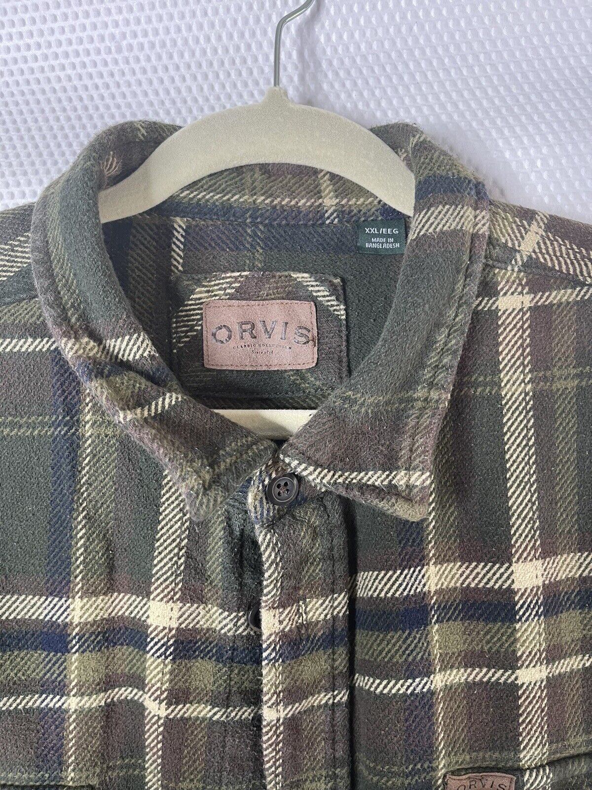 Orvis Men XXL olive Green And Beige Plaid Two che… - image 4