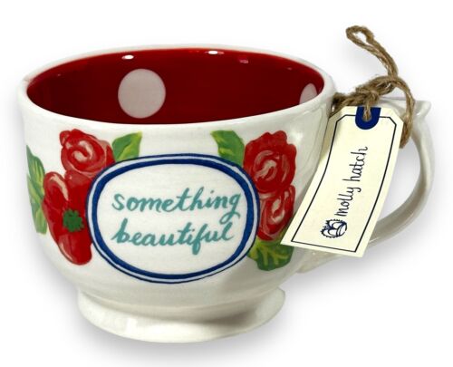 Anthropology Molly Hatch Mug "Something Beautiful" Red Polka Dot Roses Hibiscus - Picture 1 of 8