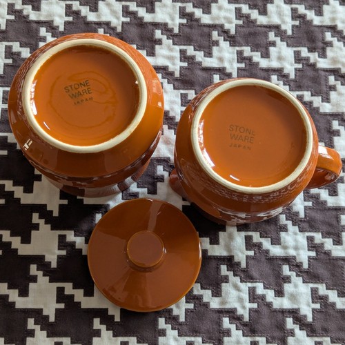 VTG Japanese Stoneware Cup & Saucer Set x6 Creamer & Sugar Retro Orange & Brown - Picture 11 of 11