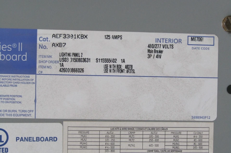 😏 GE 125 AMP MAIN BREAKER PANELBOARD 480/277 VAC 3∅ 4W 30 CIRCUIT AEF3301KBX - Image 2 of 4