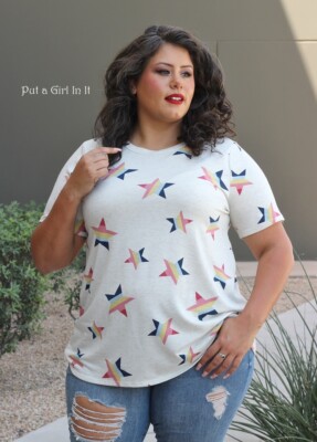 New PLUS SIZE Womens SOFT USA OATMEAL STRIPED STARS TUNIC SHIRT TOP 1X 2X 3X