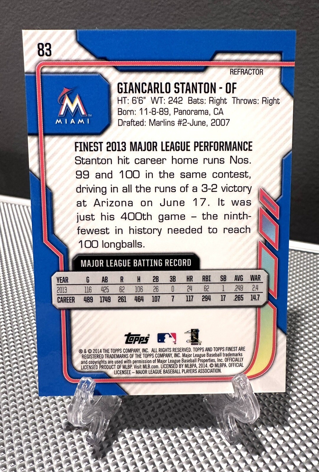 2014 Topps Finest Magenta Refractor 83 Giancarlo Stanton /15 for