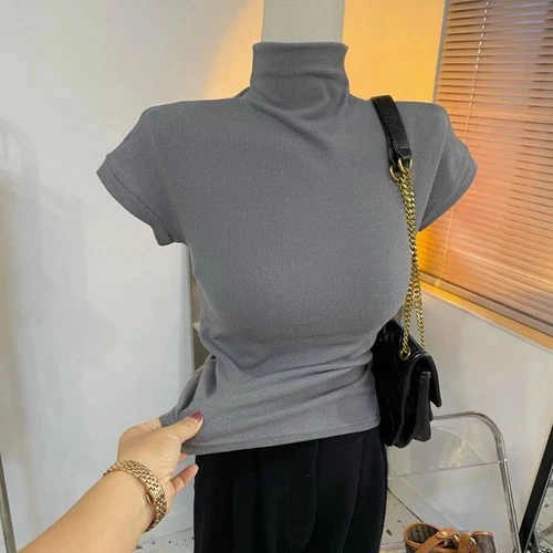 Mujeres Top Mangas Cortas Camiseta Cuello de Tortuga Calce Ajustado Blusa Parte Inferior - Imagen 12 de 25