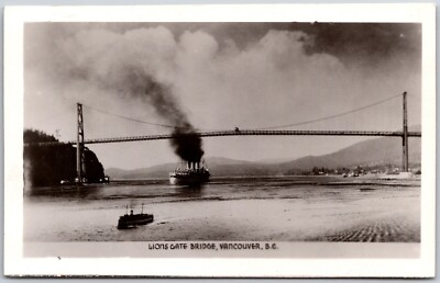 Lions Gate Bridge, Vancouver, Canada Steam Ship Photo Black & White Vintage