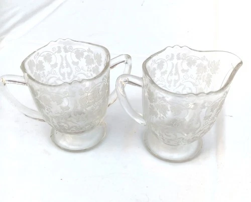 Vintage 1940s New Martinsville "Florentine" Etched Floral Sugar Creamer Set