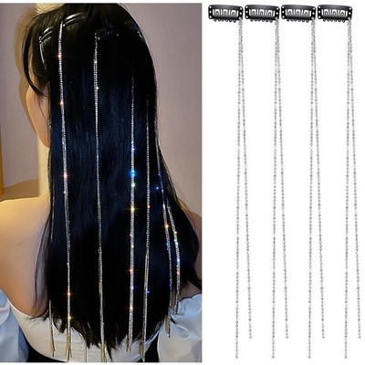 Hair Chains for Women, 4 Pieces Rhinestone Tassel Silver Hair Clips, Hair Ext...